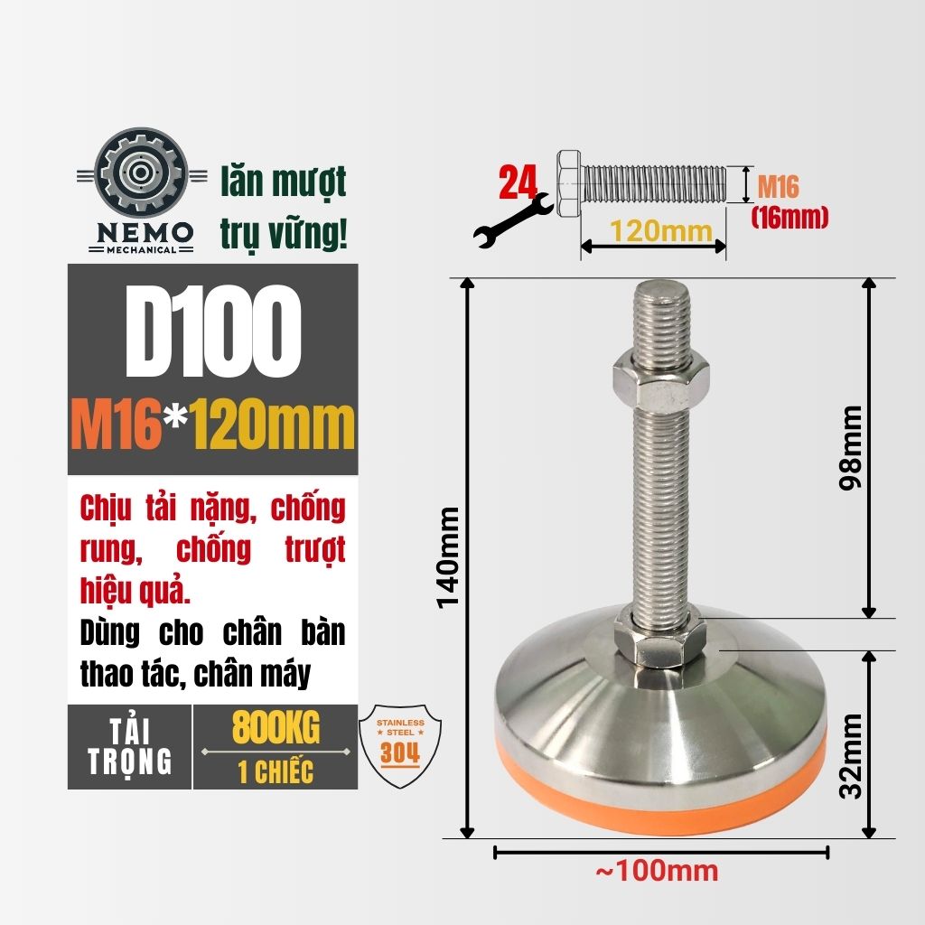 Chân Tăng Chỉnh Inox 304 Ren M16 – Đế Bát Dày Chịu Tải Siêu Nặng 800kg, Chống Ăn Mòn Tuyệt Đối